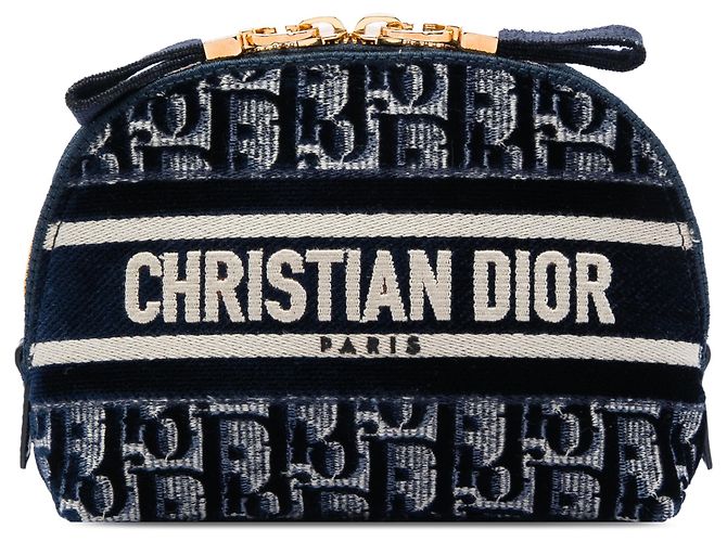 Dior Blue Oblique Besticktes Samt-Kosmetiktäschchen Blau Marineblau