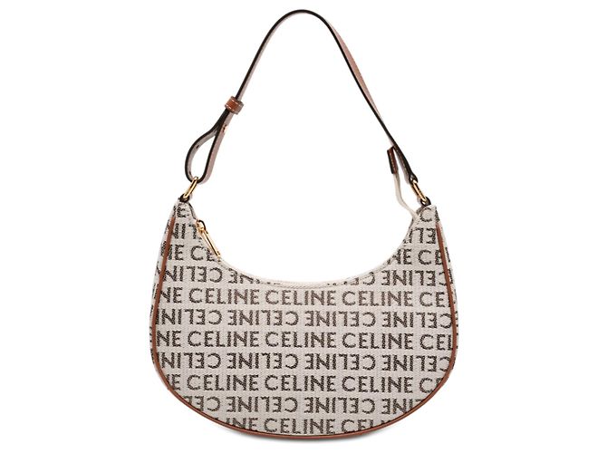 Céline Bolsa de ombro Ava em canvas marrom com logo Celine, tamanho Medium Bege