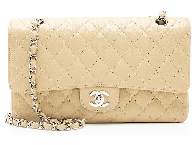 Gabrielle Bolsa Chanel Classic Double Flap Medium em couro Caviar Marrom Bege