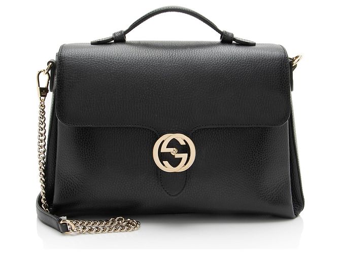 Bolsa de mão e de ombro média em couro de vitelo com Interlocking G Gucci Preto