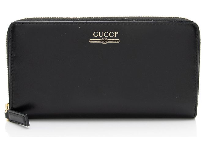 Portefeuille à fermeture éclair en cuir avec logo Gucci Noir