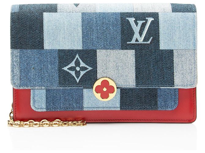 Louis Vuitton Limited Edition Denim Patchwork Flore Chain Wallet Blau
