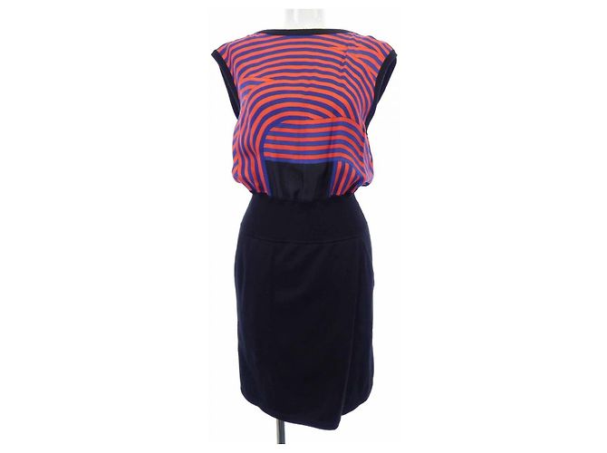 Hermès Hermes Twillene Seide-Kaschmir-Kleid 34 Schwarz Rot Blau