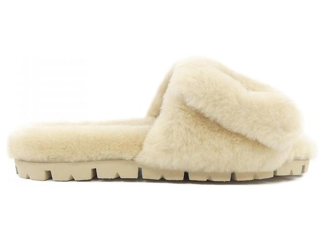 Prada Triangle Logo Shearling Slide Sandals Beige