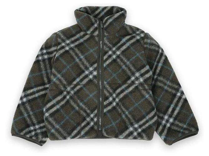 Burberry Kids Check Pattern Fleece Zip-up Jacket (Khaki) Black