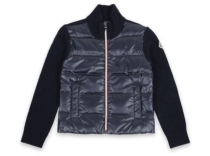 Jaqueta acolchoada de malha com zíper e três linhas Moncler Kids (Navy) Preto
