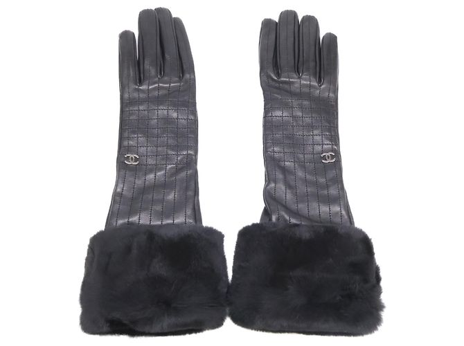 Guanti Chanel Coco Mark in agnello e pelliccia Nero