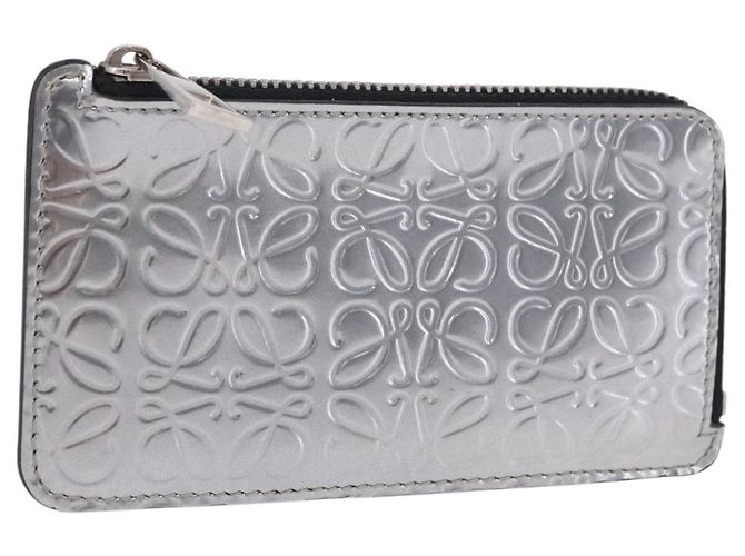 LOEWE Anagram Card Case Leather Silver Auth 191158A Silvery