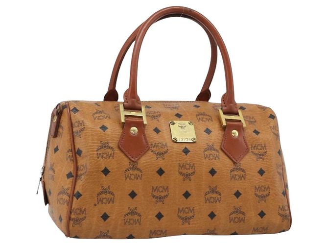 Bolsa Boston MCM Logogram Vicetos em PVC e couro marrom com detalhes dourados Auth 194565