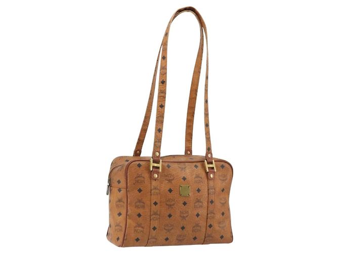Bolsa MCM Vicetos Logogram PVC Couro Marrom Ouro Auth bs36278 Dourado
