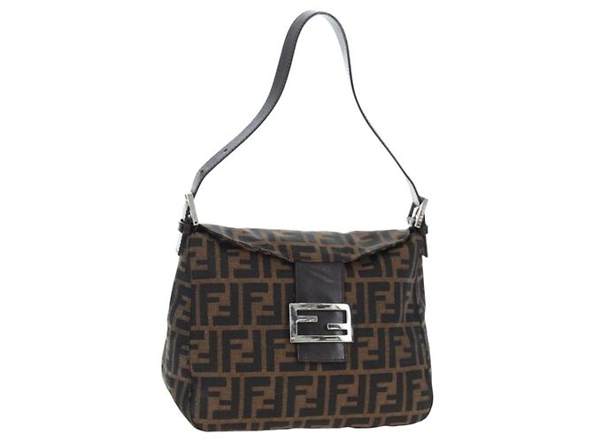 FENDI Zucca Canvas Mamma Baguette Borsa a tracolla Marrone Nero Auth 192220V