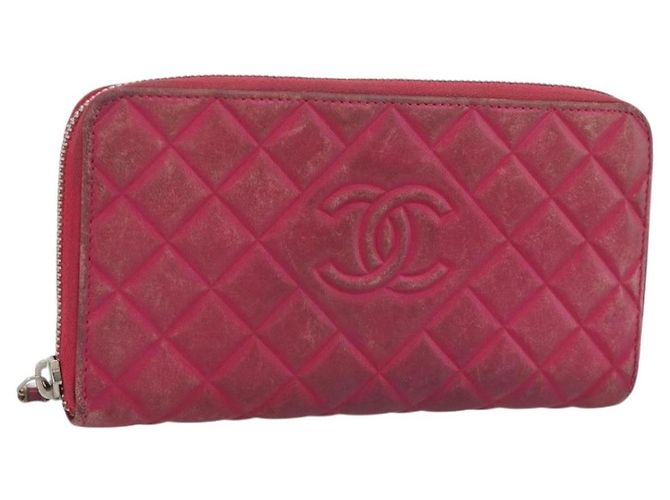 CHANEL Cartera Larga Matelassé Piel de Cordero Rosa Plata CC Auth 193166