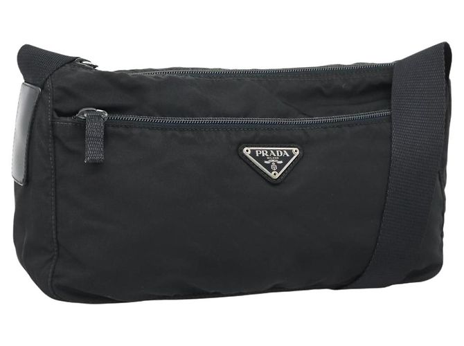 Bolsa de Ombro PRADA Nylon Preto Prata Auth hk4001