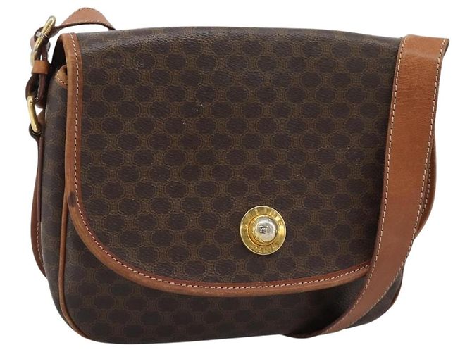 Céline Bolsa de ombro CELINE Macadam em PVC e couro marrom com detalhes dourados Auth ka5340