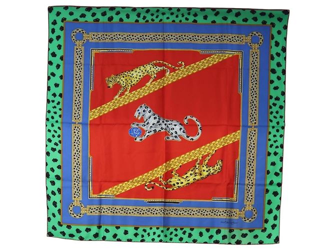 CARTIER Leopard Pattern Scarf Silk Green Blue Auth am12079M