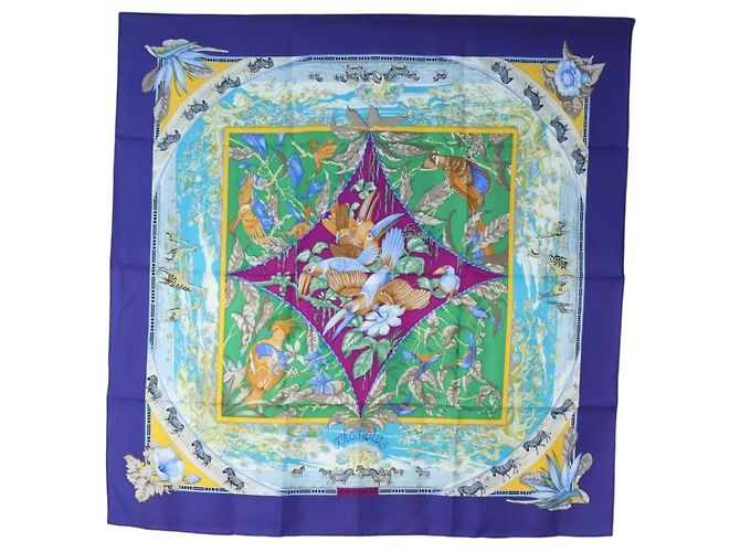 Hermès Carré 90 Sciarpa « TROPIQUES » Seta Blu Auth 190320M