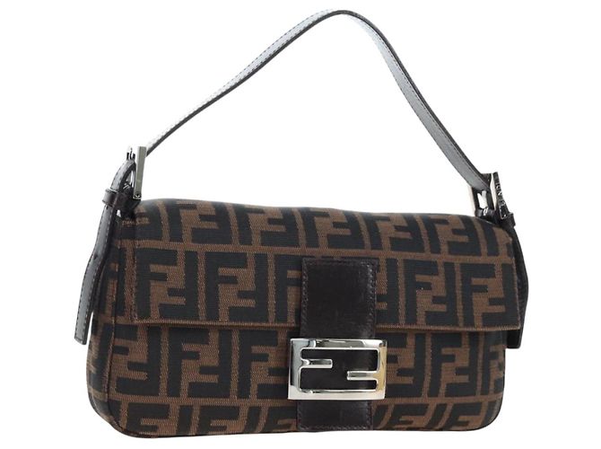 FENDI Zucca Canvas Mamma Baguette Borsa a Spalla Marrone Nero Auth 192625SAM