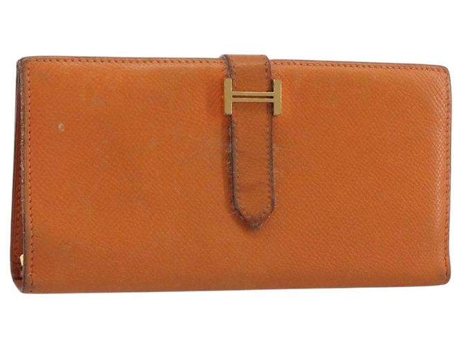 Hermès HERMES Bearn Dupri Long Wallet Leather Orange Gold Auth 193167 Golden