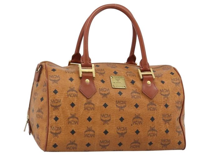 Bolsa Boston MCM Logogram Vicetos em PVC e couro Marrom Ouro Auth 193811 Dourado