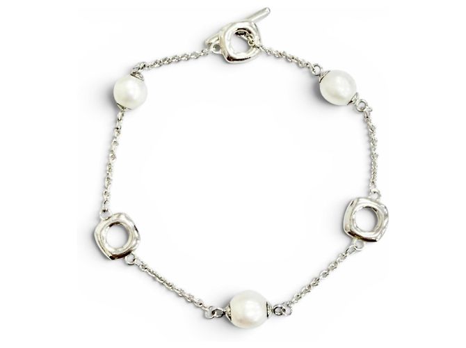 Pulseira Tiffany & Co. de pérolas de água doce e corrente de elos Anchor quadrados Prata Branco