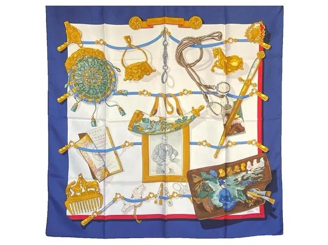 Hermès "Mémoire d'Hermès" Pañuelo de seda 90cm Castaño Blanco Azul Dorado Gold hardware