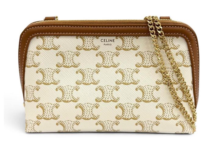 Céline Clutch Celine Triomphe Canvas Marrone Bianco sporco 