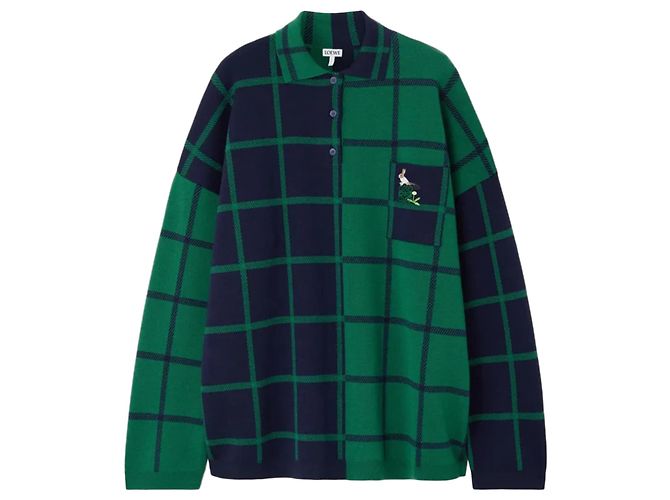 Loewe x Suna Fujita Karomuster Wollpullover Grün Dunkelblau