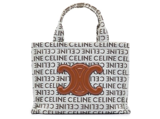 Céline Celine Cabas Thais en toile imprimée logo intégral blanc Small Cuir Triomphe
