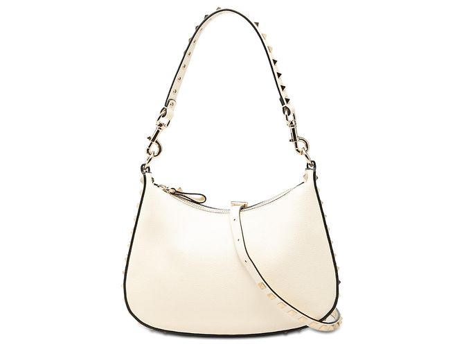 Valentino Bolsa Hobo em couro de vitelo granulado branco Rockstud Cru