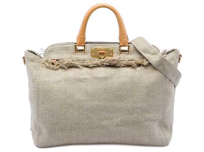 Tote Shopping Prada Beige en Raffia Lino avec Franges