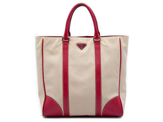 Tote de lona com acabamento em Saffiano bege da Prada