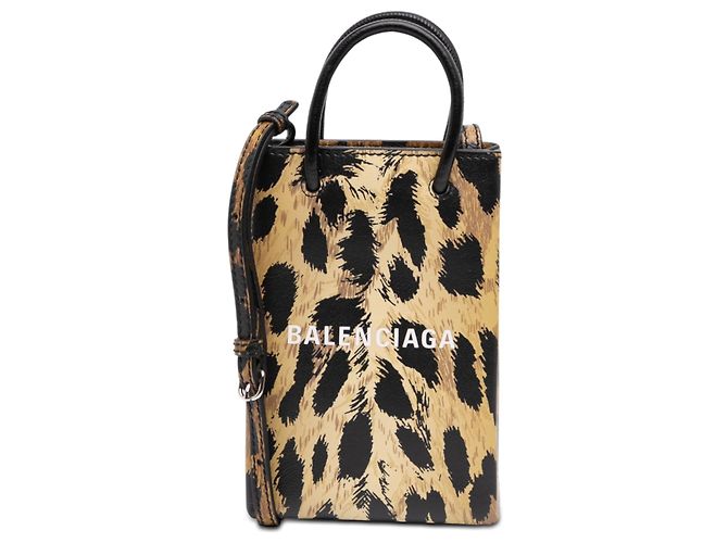 Balenciaga Mini Shopping Phone Holder mit braunem Leopardenmuster und Logo