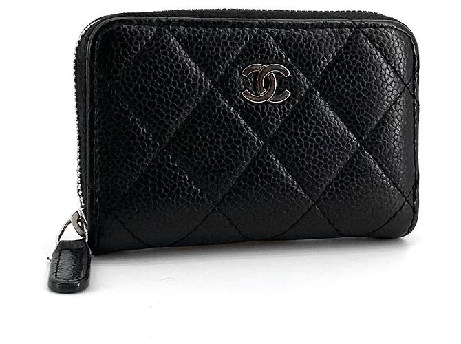 Chanel Caviar Silver-Zip Card Holder Black