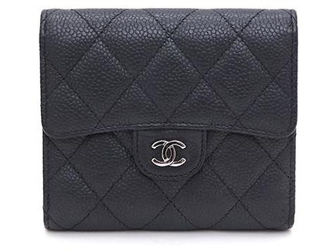 Chanel Caviar Classic Small Flap Silver CC Women's Wallet Black