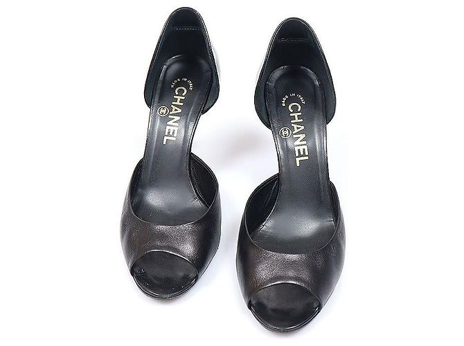 Chanel Black Leather Open-Toe Pumps