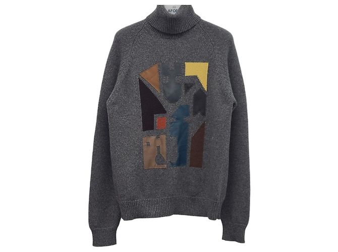 Hermès Kaschmir-Rollkragenpullover mit mehrfarbigem Lederpatch Schwarz 