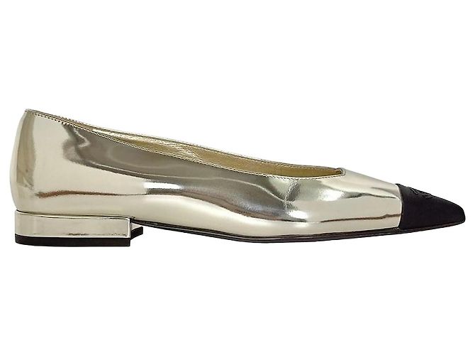 Chanel Coco Mark Two-Tone Flat Shoes Silver Black Patent