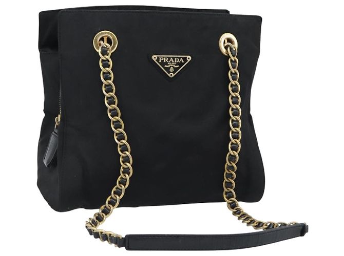 Borsa a Spalla con Catena PRADA Nylon Nero Oro Auth 190360A D'oro
