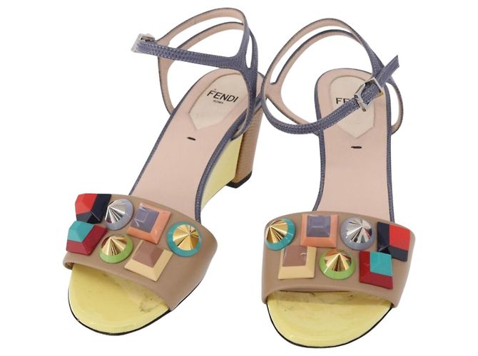 FENDI Ankle Strap Sandals Leather Multicolor Gold Auth 190357M Multiple colors Golden