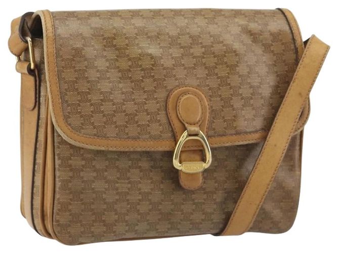16 Céline Bolsa de Ombro CELINE em Canvas Macadam PVC Bege Ouro Auth 194609 Dourado