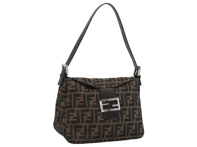 FENDI Zucca Canvas Mamma Baguette Borsa a Spalla Marrone Nero Auth 193086V