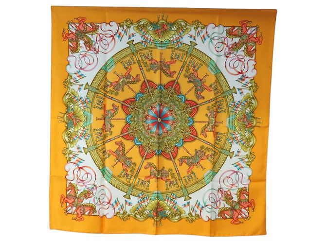 Hermès HERMES Carré 90 Seidentuch "LUNA ARK" Orange Weiß Authentisch ki6742M