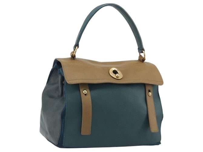 SAINT LAURENT Bolsa de Couro Navy Beige 197149 Auth 192695A Bege Azul marinho