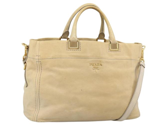 Bolsa PRADA de couro 2way Bege Dourado Auth ep15506