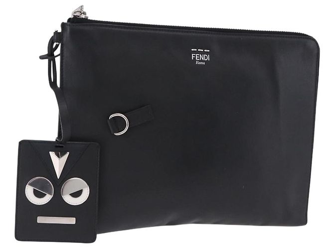 FENDI Clutch Bag Leder Schwarz Silber 7M0225 Auth ka5375V