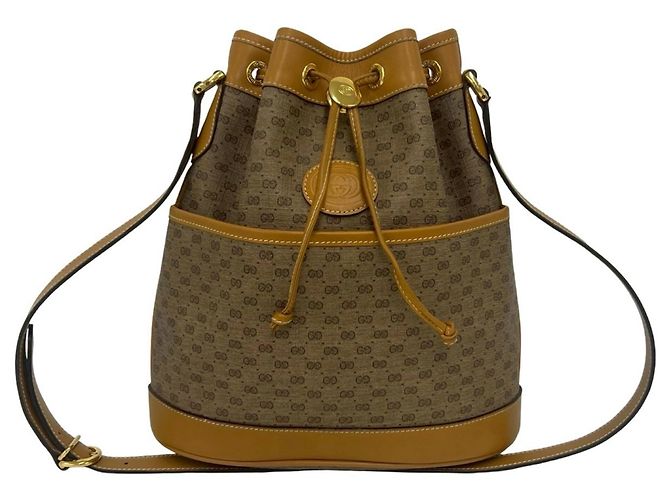 Gucci Vintage Micro GG Pattern Drawstring Shoulder Bag Brown