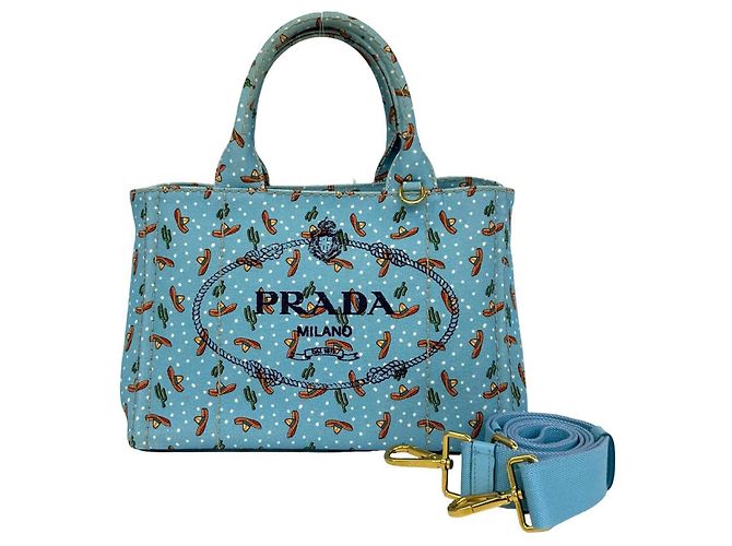 Tote Prada Canapa Triangle Logo Plate Hardware Canvas Bag Blue