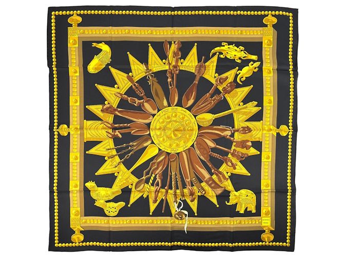 Hermès Sciarpa Carré 90 Hermes Cuillers D'Afrique Nero D'oro
