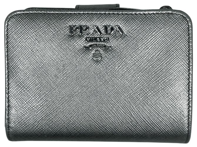 Cartera de doble pliegue en cuero Saffiano plateado Prada Plata