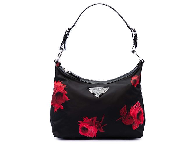 Borsa a Spalla Prada Black Tessuto Stampato Rose Nero